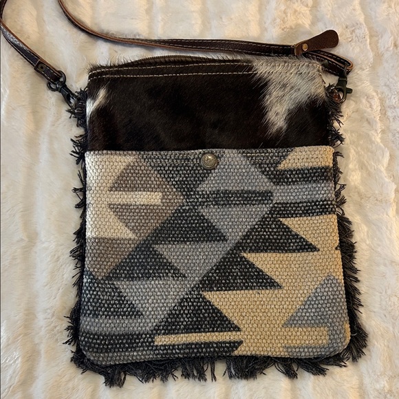 Myra Bag Handbags - Stylish Myra Cowhide & Canvas Crossbody Bag Geometric Pattern With Fringe